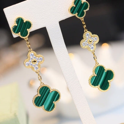 [moco jewelrys]CLOVER EARRINGS GOLD MALACHITE DIAMOND 3 MOTIF