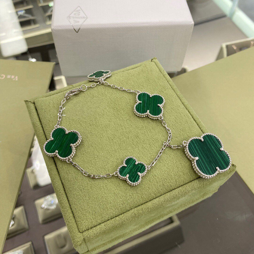 [moco jewelrys]CLOVER 5 MOTIFS SIVLER MALACHITE BRACELET