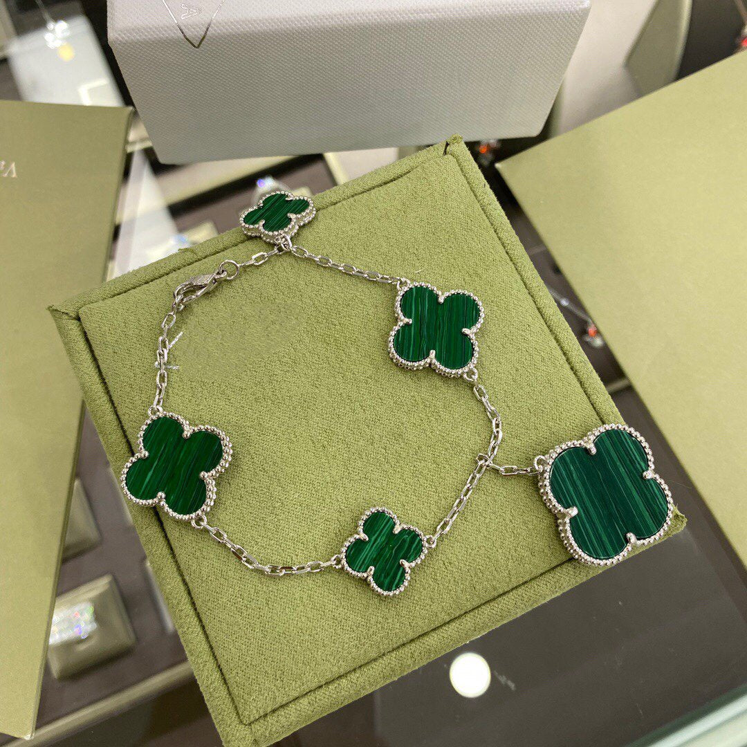 [moco jewelrys]CLOVER 5 MOTIFS SIVLER MALACHITE BRACELET