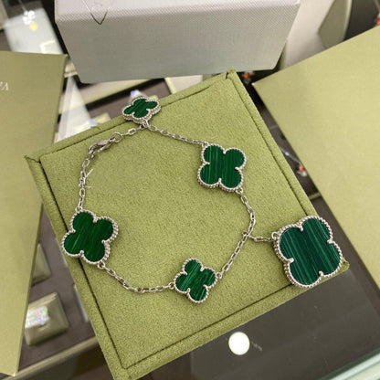 [moco jewelrys]CLOVER 5 MOTIFS SIVLER MALACHITE BRACELET