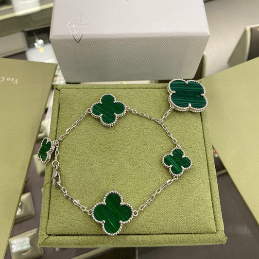 [moco jewelrys]CLOVER 5 MOTIFS SIVLER MALACHITE BRACELET