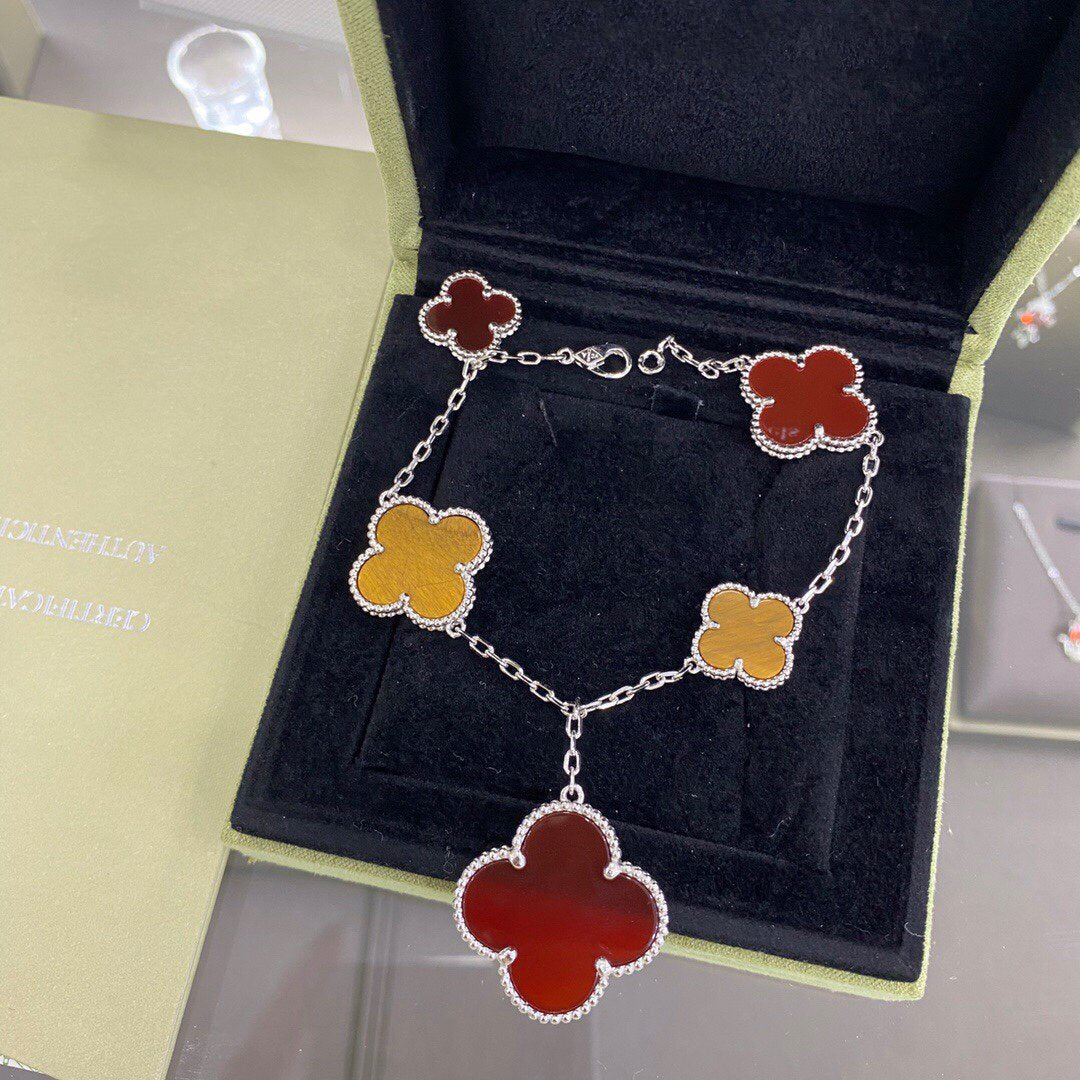 [moco jewelrys]CLOVER 5 MOTIFS SIVLER CARNELIAN TIGER EYE BRACELET