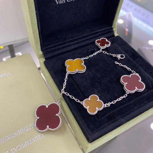 [moco jewelrys]CLOVER 5 MOTIFS SIVLER CARNELIAN TIGER EYE BRACELET