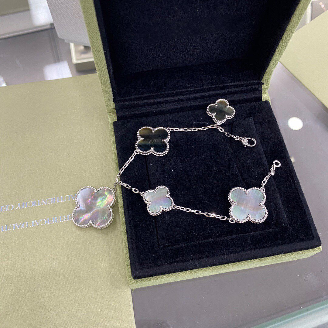 [moco jewelrys]CLOVER 5 MOTIFS SIVLER DARK MOP BRACELET