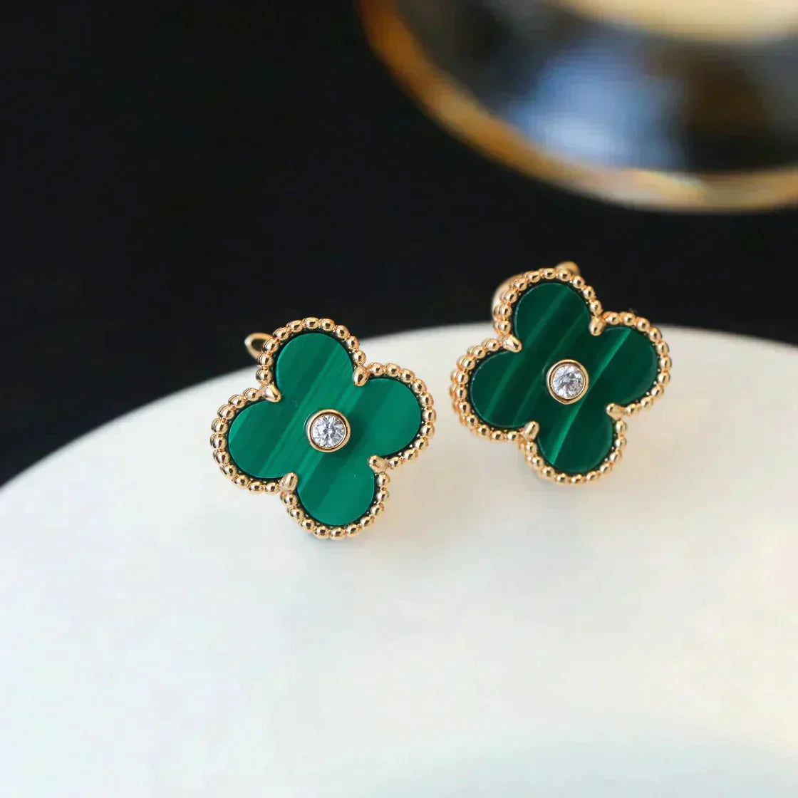 [moco jewelrys]CLOVER MEDIUM 1 MOTIFS MALACHITE DIAMOND EARRINGS
