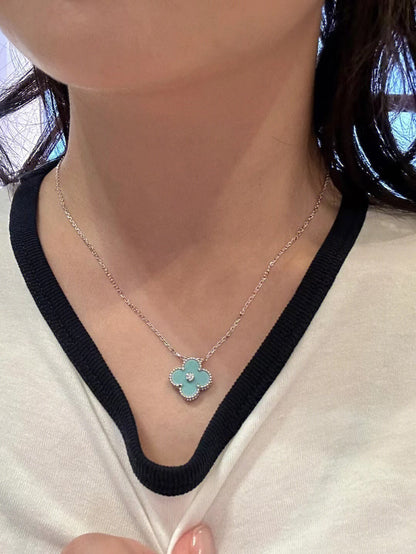 [moco jewelrys]CLOVER 1 DIAMOND LIGHT BLUE SILVER NECKLACE