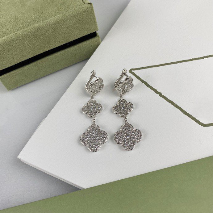 [moco jewelrys]CLOVER 3 MOTIF DIAMOND SILVER DROP EARRINGS