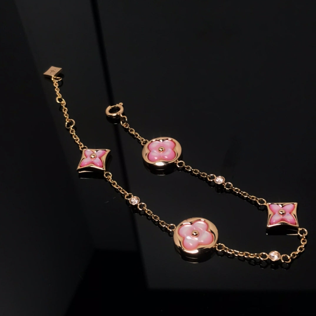 [moco jewelrys]STAR AND SUN 4 MOTIF PINK MOP PINK GOLD BRACELET