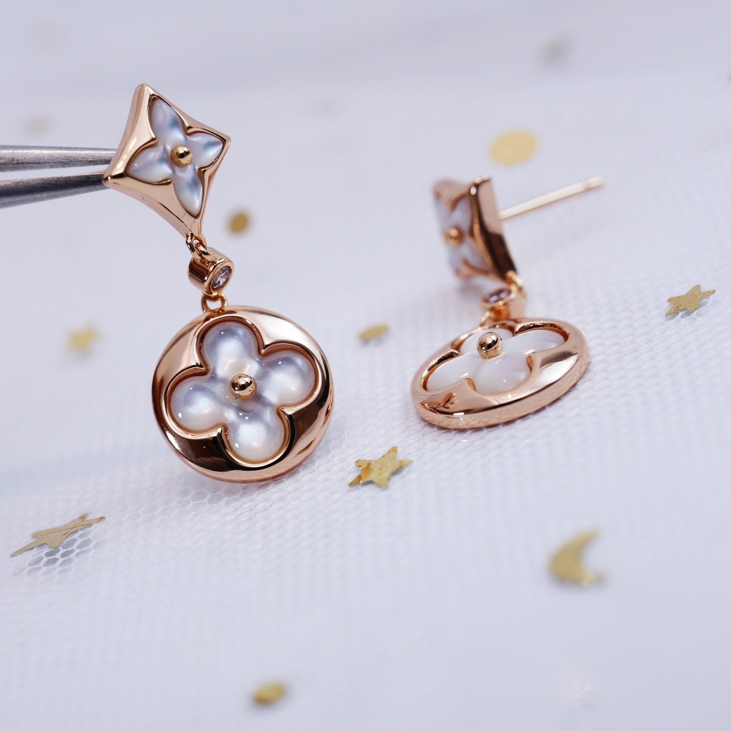 [moco jewelrys]STAR AND SUN PINK GOLD MOP DROP EARRINGS