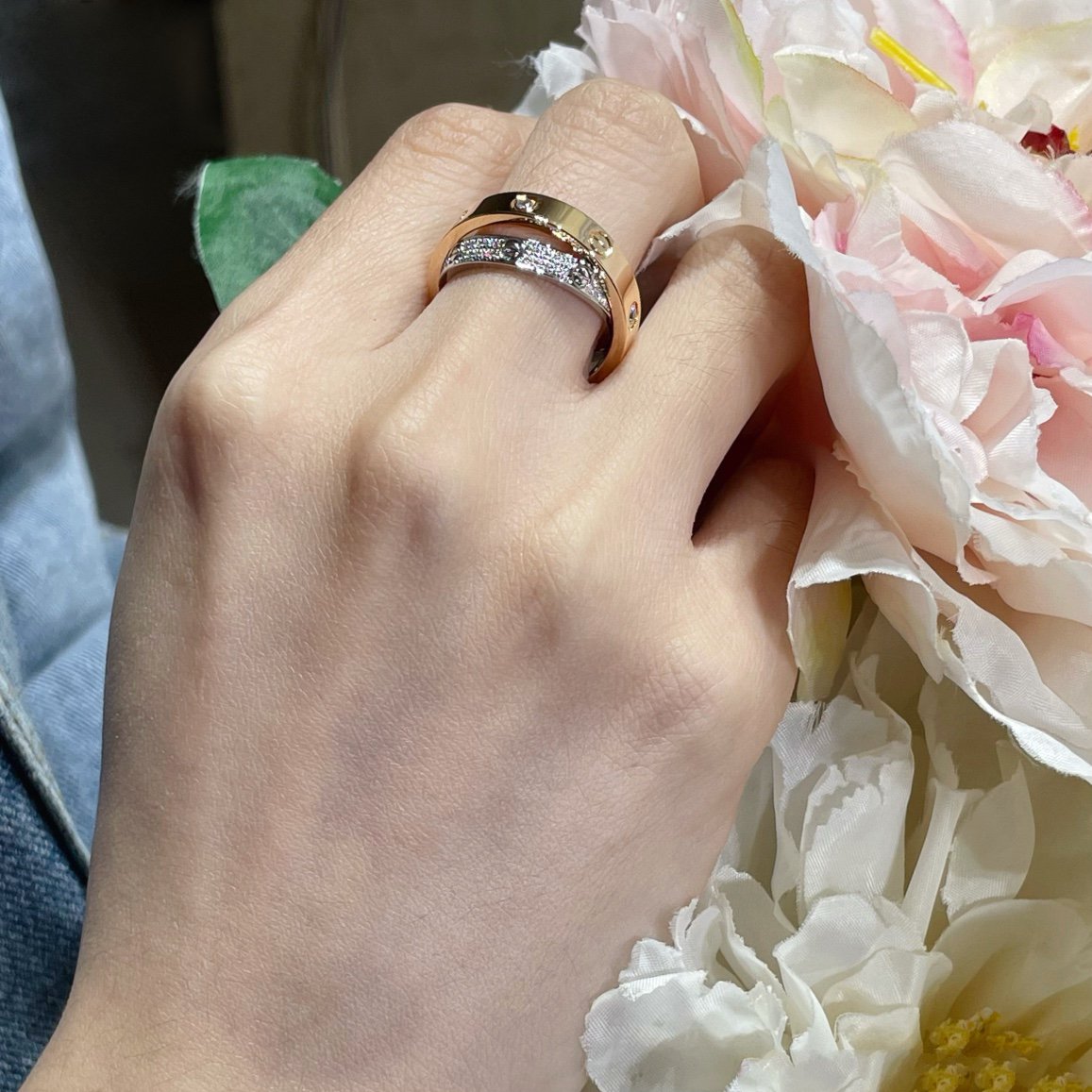 [moco jewelrys]LOVE PINK GOLD SILVER DIAMOND DOUBLE RING