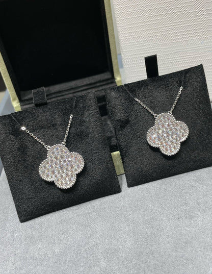 [moco jewelrys]CLOVER 25MM LARGE PENDANT DIAMOND PAVED SILVER NECKLACE