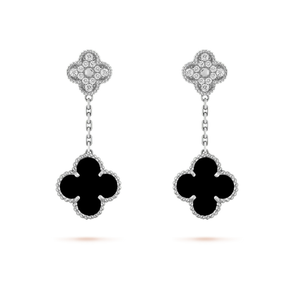 [moco jewelrys]CLOVER 2 MOTIFS  DIAMOND ONYX EARRINGS SILVER
