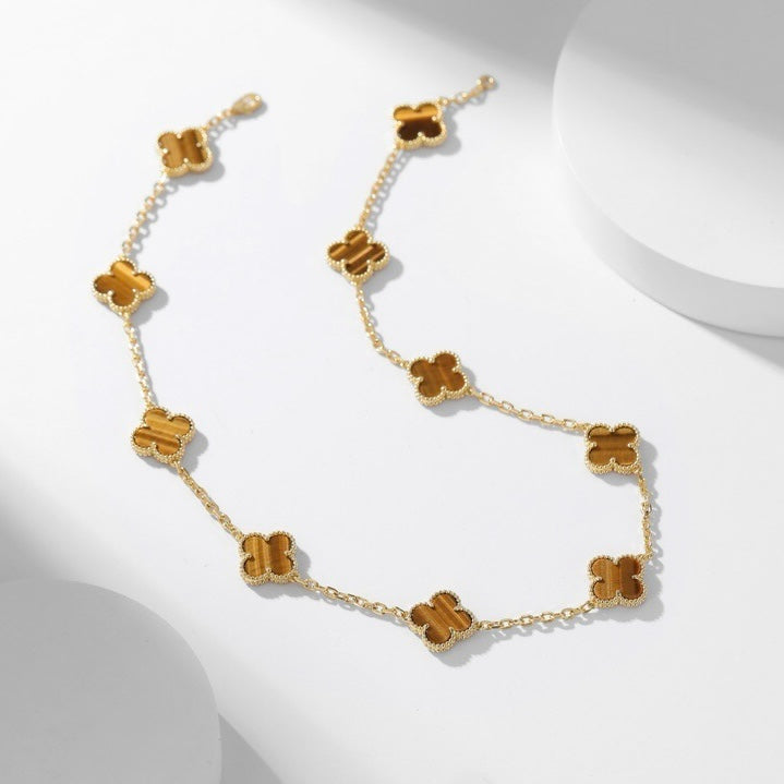 [moco jewelrys]CLOVER 10 MOTIFS TIGER EYE NECKLACE