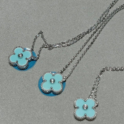 [moco jewelrys]CLOVER 1 DIAMOND LIGHT BLUE SILVER NECKLACE