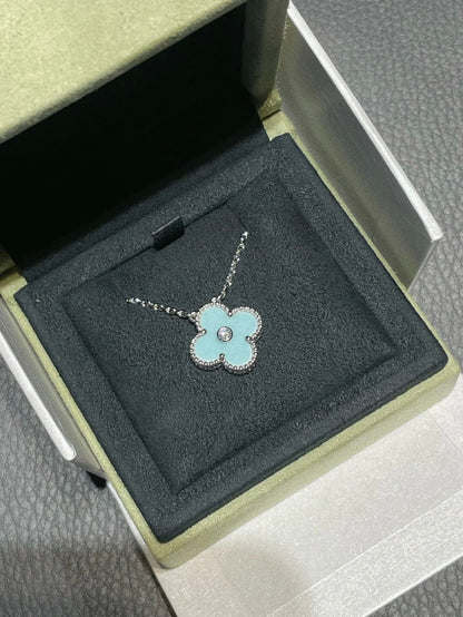 [moco jewelrys]CLOVER 1 DIAMOND LIGHT BLUE SILVER NECKLACE
