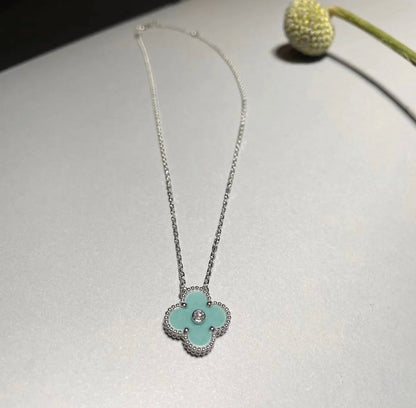 [moco jewelrys]CLOVER 1 DIAMOND LIGHT BLUE SILVER NECKLACE