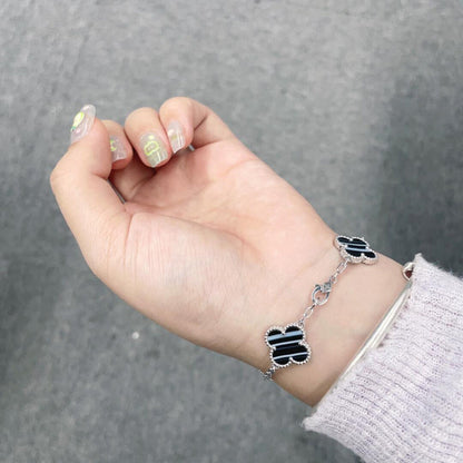¡®Moco¡¯CLOVER 5 MOTIF VEINED ONYX BRACELET SILVER