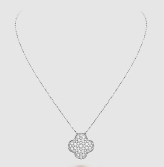[moco jewelrys]CLOVER 25MM LARGE PENDANT DIAMOND PAVED SILVER NECKLACE