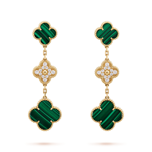 [moco jewelrys]CLOVER EARRINGS GOLD MALACHITE DIAMOND 3 MOTIF